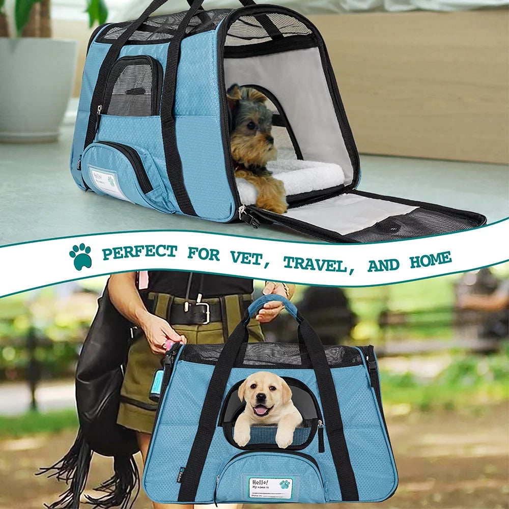 Airline-Approved Soft-Sided Pet Carrier for Cats and Small Dogs - Ventilated Travel Bag for Medium to Large Kittens and Puppies in Large Blue