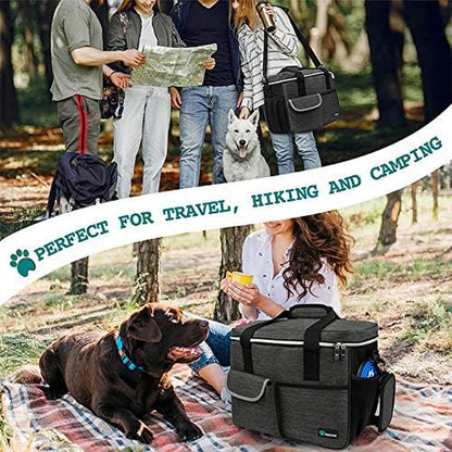 Pet Travel Organizer Bag with Food Containers and Collapsible Bowls, Medium Dark Gray, Includes Luggage Sleeve for Weekend Road Trips and Camping Essentials