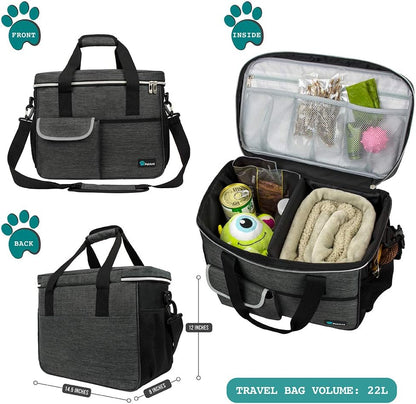 Pet Travel Organizer Bag with Food Containers and Collapsible Bowls, Medium Dark Gray, Includes Luggage Sleeve for Weekend Road Trips and Camping Essentials