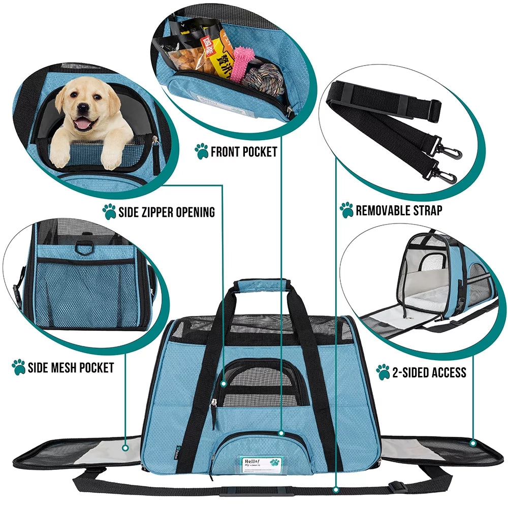 Airline-Approved Soft-Sided Pet Carrier for Cats and Small Dogs - Ventilated Travel Bag for Medium to Large Kittens and Puppies in Large Blue