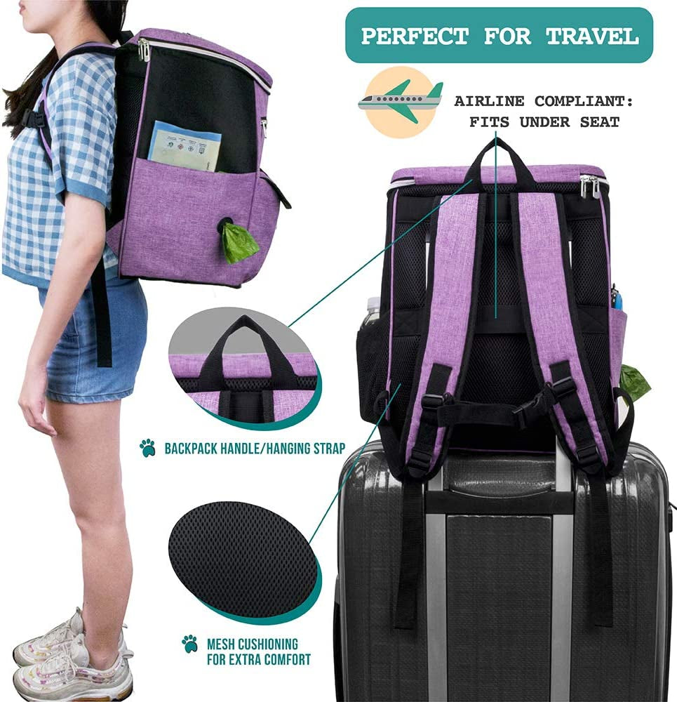 Professional Dog Travel Backpack, 27L Airline-Approved Pet Organizer with Dual Food Containers, Collapsible Bowls, and Poop Bag Dispenser - Ideal for Weekend Road Trips and Camping, Purple
