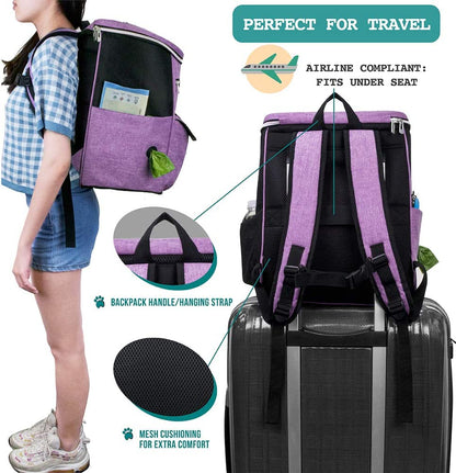 Professional Dog Travel Backpack, 27L Airline-Approved Pet Organizer with Dual Food Containers, Collapsible Bowls, and Poop Bag Dispenser - Ideal for Weekend Road Trips and Camping, Purple