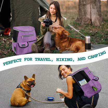 Professional Dog Travel Backpack, 27L Airline-Approved Pet Organizer with Dual Food Containers, Collapsible Bowls, and Poop Bag Dispenser - Ideal for Weekend Road Trips and Camping, Purple