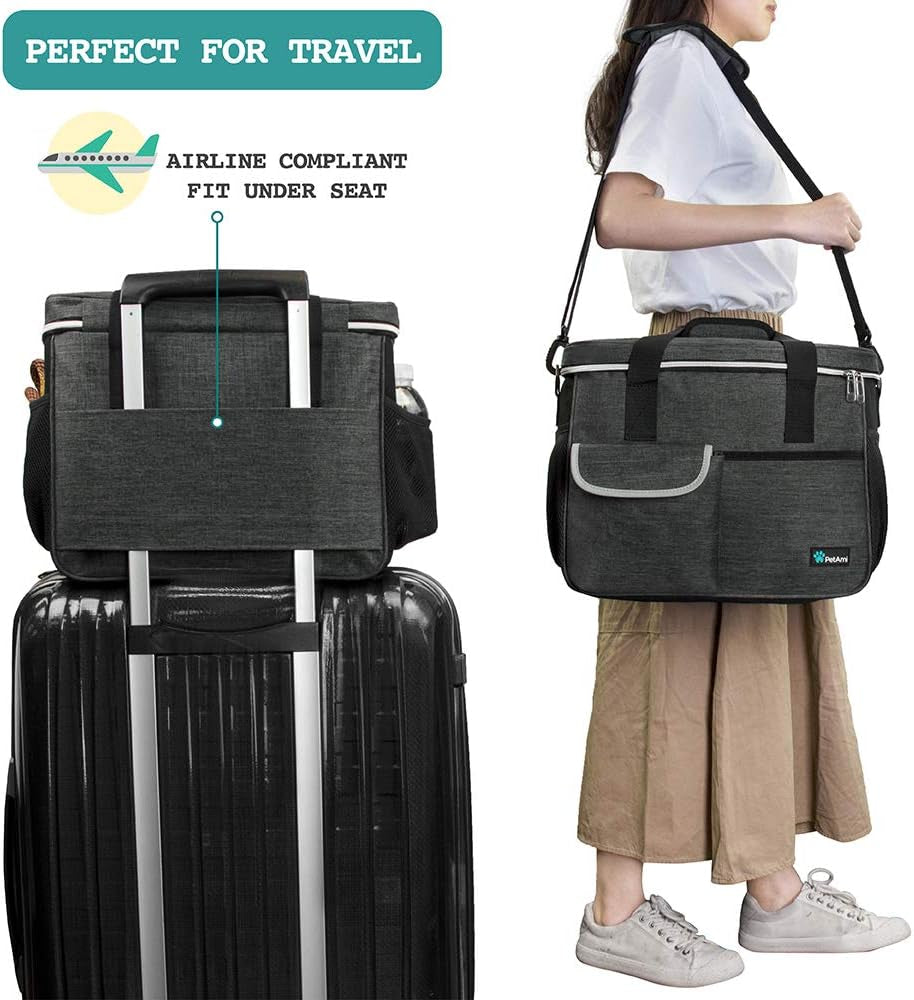 Pet Travel Organizer Bag with Food Containers and Collapsible Bowls, Medium Dark Gray, Includes Luggage Sleeve for Weekend Road Trips and Camping Essentials