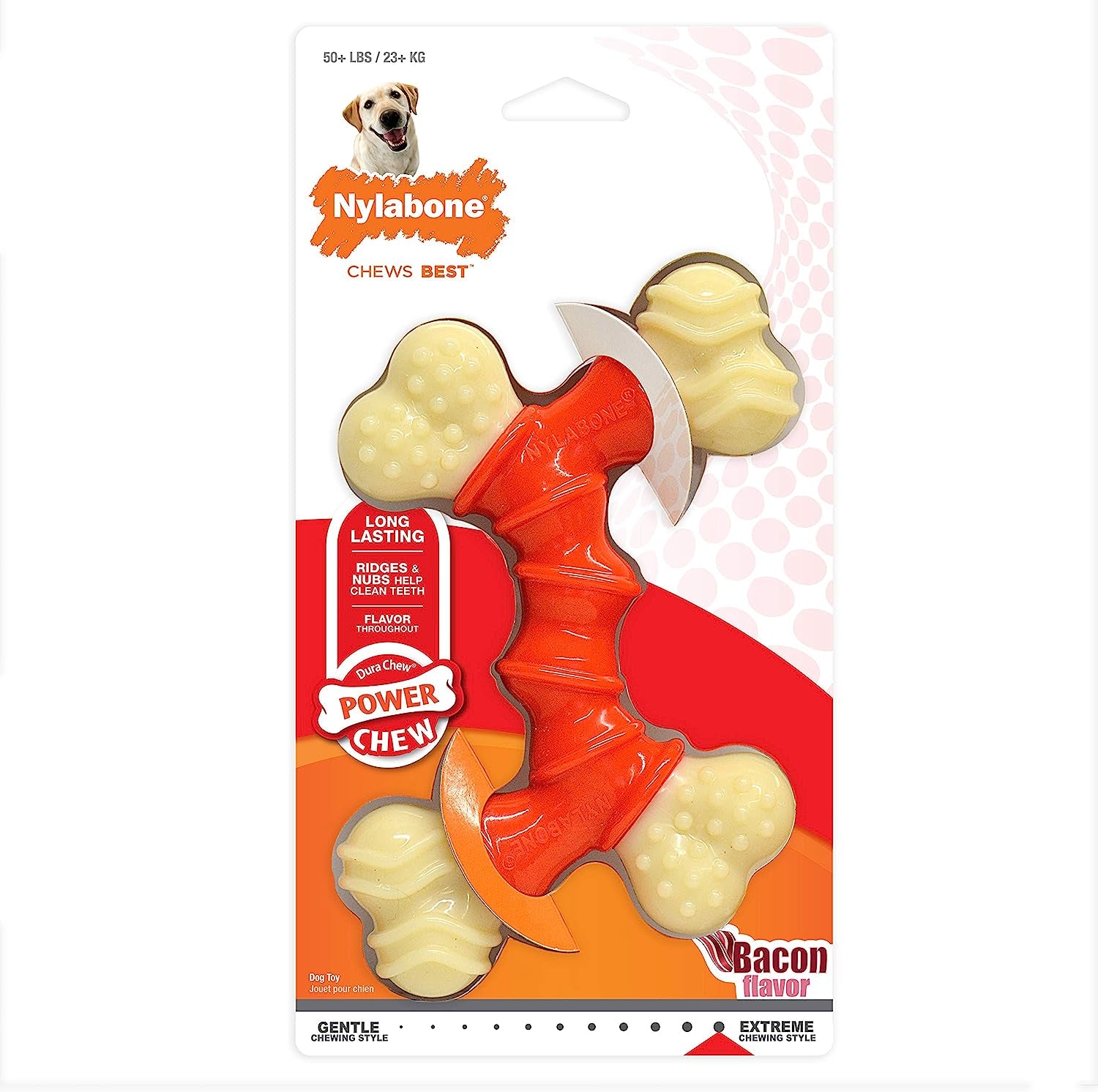 X-Large Double Bone Power Chew Toy for Aggressive Chewers, Bacon Flavor, Suitable for Dogs Over 50 lbs, Single Count
