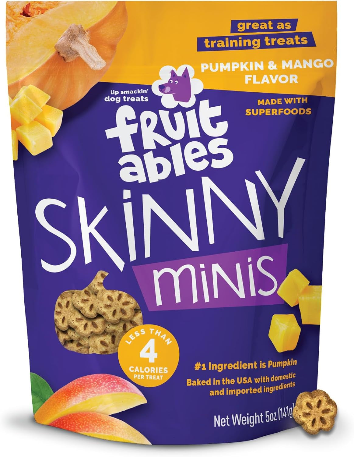 Skinny Minis Healthy Pumpkin Dog Treats - Low Calorie, Wheat-Free, Corn-Free, Soy-Free, Made in the USA, Pumpkin and Mango Flavor, 5 Oz