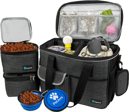 Pet Travel Organizer Bag with Food Containers and Collapsible Bowls, Medium Dark Gray, Includes Luggage Sleeve for Weekend Road Trips and Camping Essentials