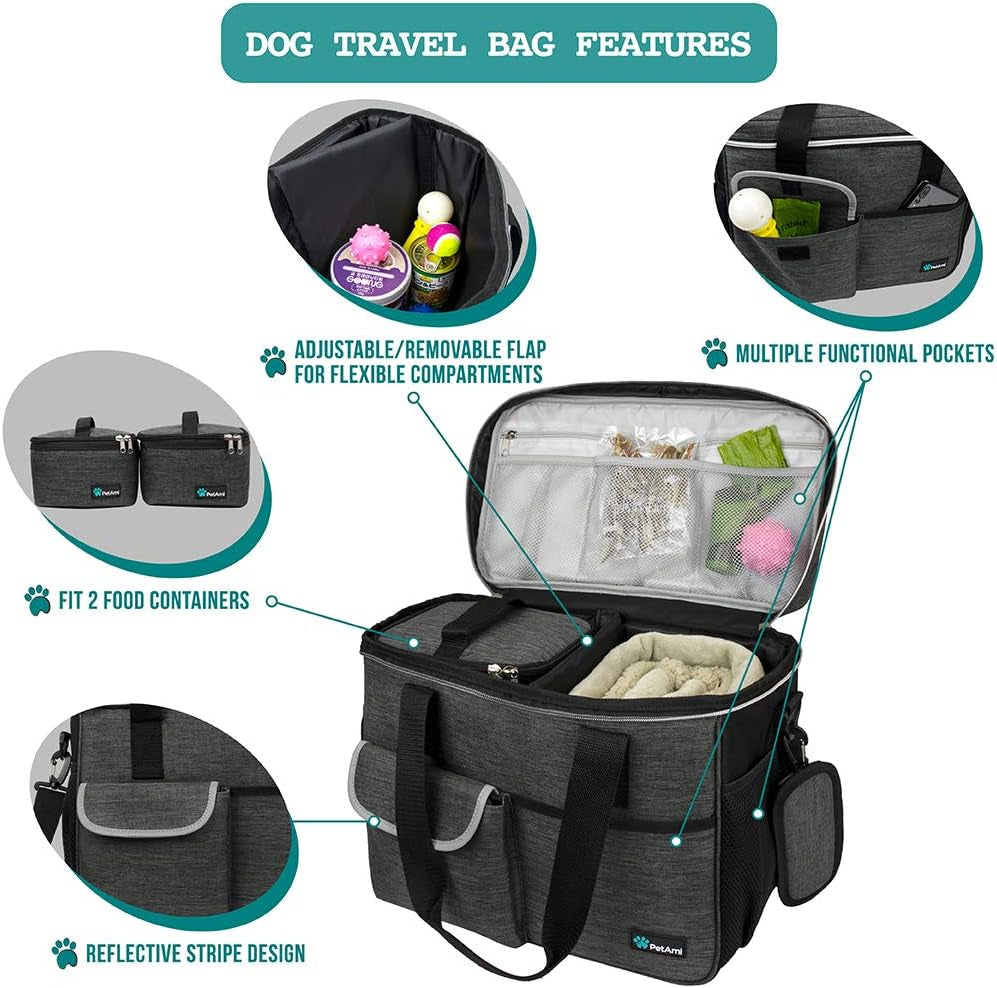 Pet Travel Organizer Bag with Food Containers and Collapsible Bowls, Medium Dark Gray, Includes Luggage Sleeve for Weekend Road Trips and Camping Essentials