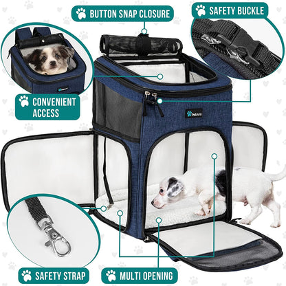Airline-Approved Dog Backpack Carrier with 4-Way Entry, Ventilated Mesh, and Collapsible Design for Small Pets up to 18 lbs - Navy Blue