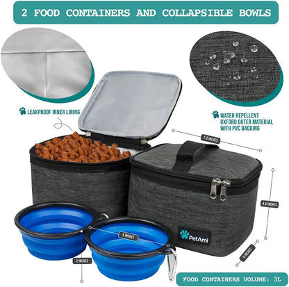 Pet Travel Organizer Bag with Food Containers and Collapsible Bowls, Medium Dark Gray, Includes Luggage Sleeve for Weekend Road Trips and Camping Essentials