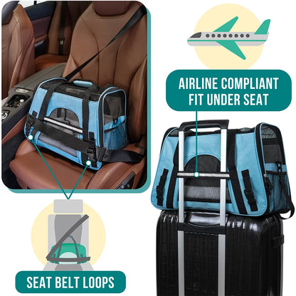 Airline-Approved Soft-Sided Pet Carrier for Cats and Small Dogs - Ventilated Travel Bag for Medium to Large Kittens and Puppies in Large Blue
