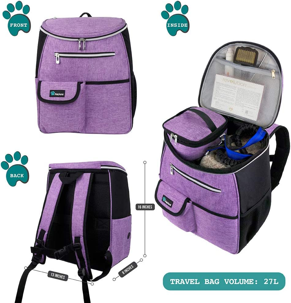 Professional Dog Travel Backpack, 27L Airline-Approved Pet Organizer with Dual Food Containers, Collapsible Bowls, and Poop Bag Dispenser - Ideal for Weekend Road Trips and Camping, Purple
