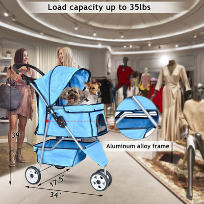 Lightweight 3-Wheel Pet Stroller for Small to Medium Dogs and Cats, Foldable Design with Breathable Mesh, Weather Cover, and Storage Basket for Outdoor Travel (Blue)