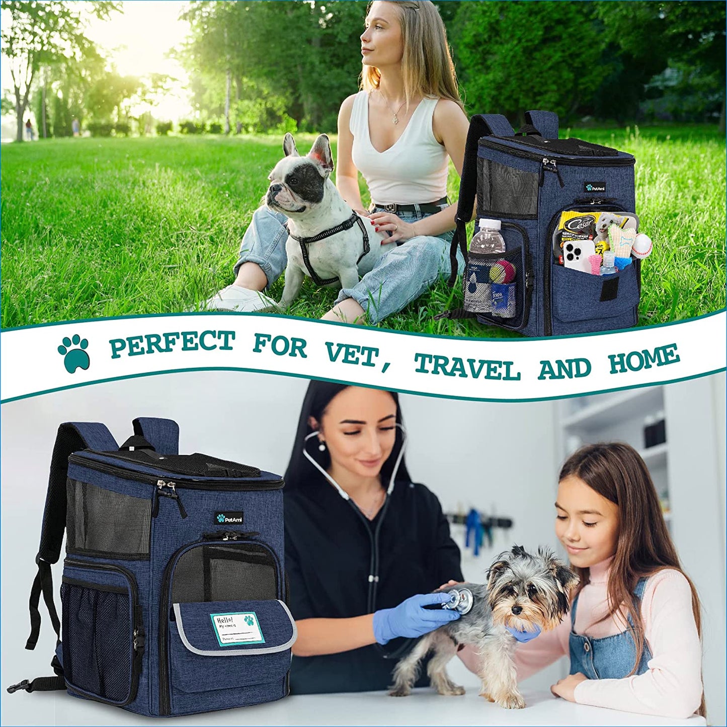 Airline-Approved Dog Backpack Carrier with 4-Way Entry, Ventilated Mesh, and Collapsible Design for Small Pets up to 18 lbs - Navy Blue