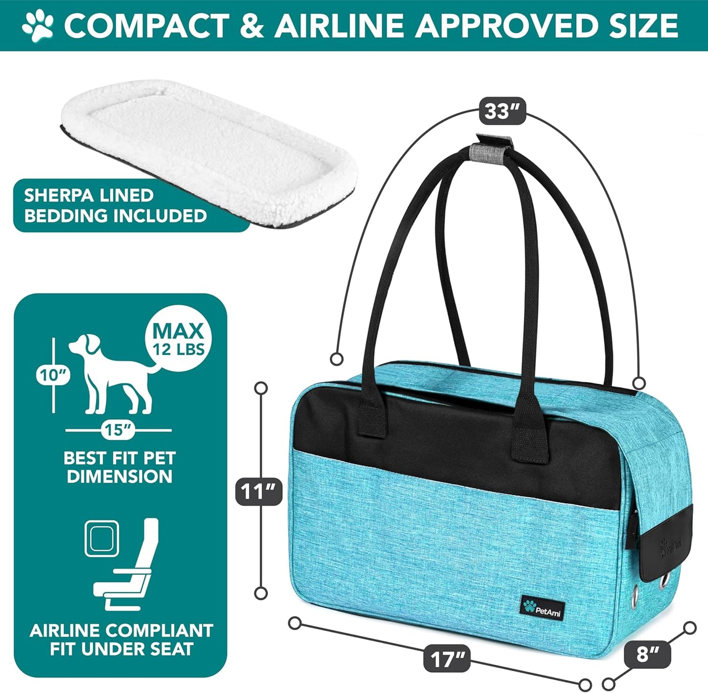 Soft-Sided Pet Carrier for Small Dogs and Cats, TSA Approved Travel Tote with Pockets, Ventilation, Bed, and Shoulder Strap, Max Weight 12 lbs, Turquoise