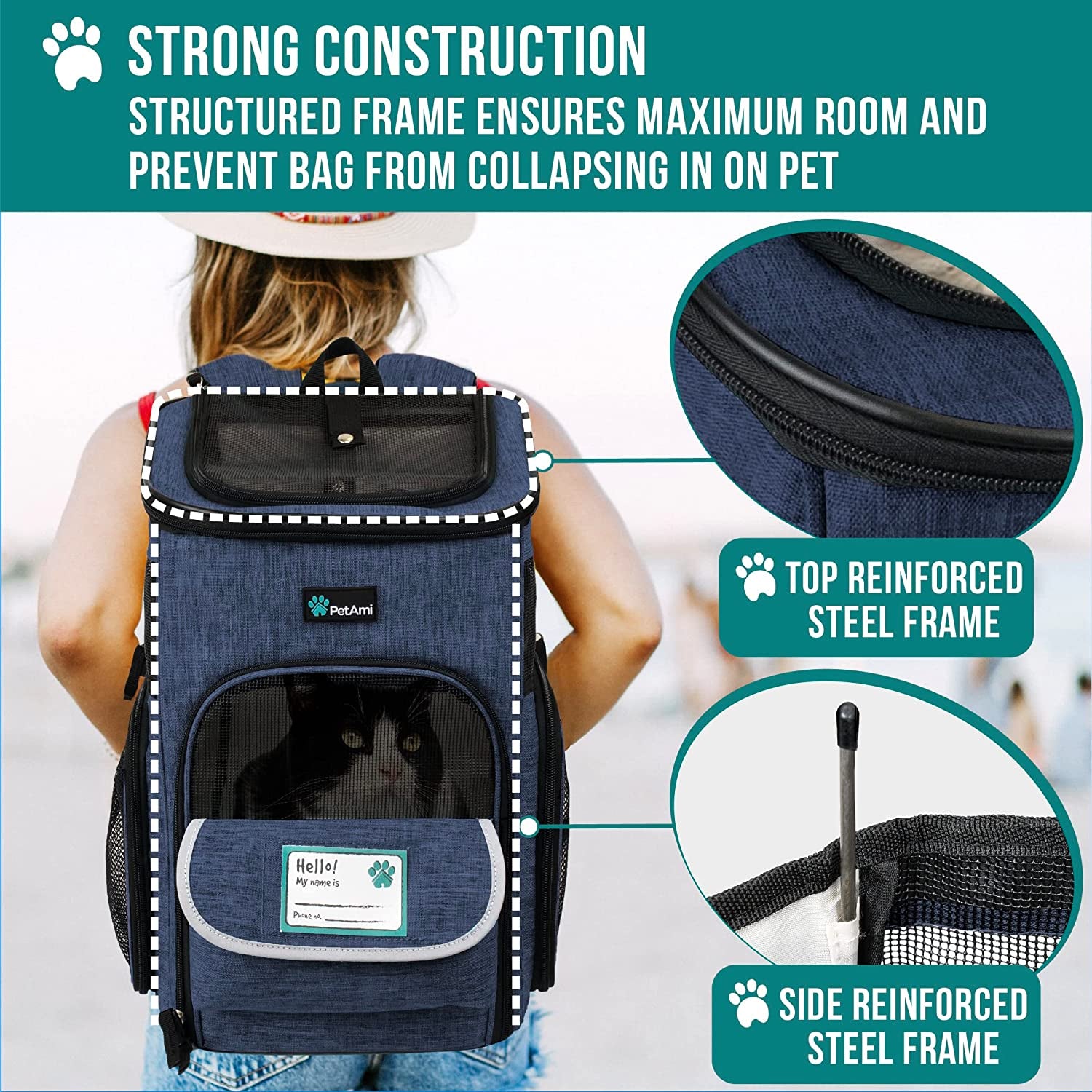Airline-Approved Dog Backpack Carrier with 4-Way Entry, Ventilated Mesh, and Collapsible Design for Small Pets up to 18 lbs - Navy Blue