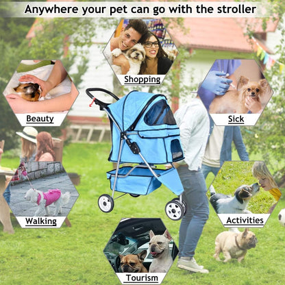 Lightweight 3-Wheel Pet Stroller for Small to Medium Dogs and Cats, Foldable Design with Breathable Mesh, Weather Cover, and Storage Basket for Outdoor Travel (Blue)
