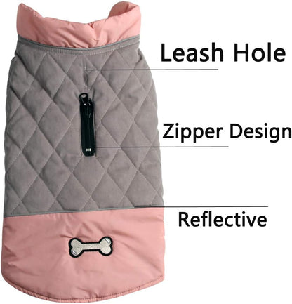 Reversible Waterproof Dog Coats for Small Breeds - Warm Winter Jacket in Pink and Grey, Size M
