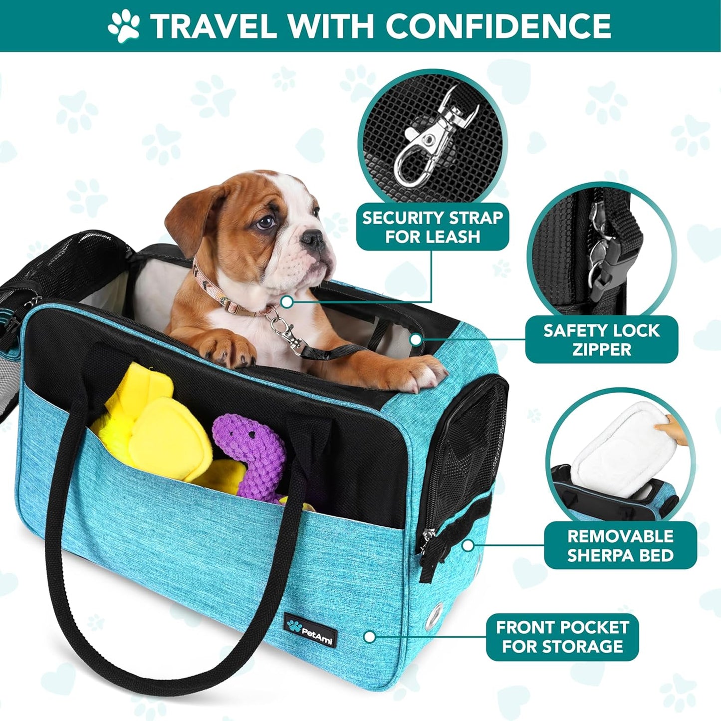 Soft-Sided Pet Carrier for Small Dogs and Cats, TSA Approved Travel Tote with Pockets, Ventilation, Bed, and Shoulder Strap, Max Weight 12 lbs, Turquoise