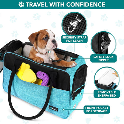 Soft-Sided Pet Carrier for Small Dogs and Cats, TSA Approved Travel Tote with Pockets, Ventilation, Bed, and Shoulder Strap, Max Weight 12 lbs, Turquoise