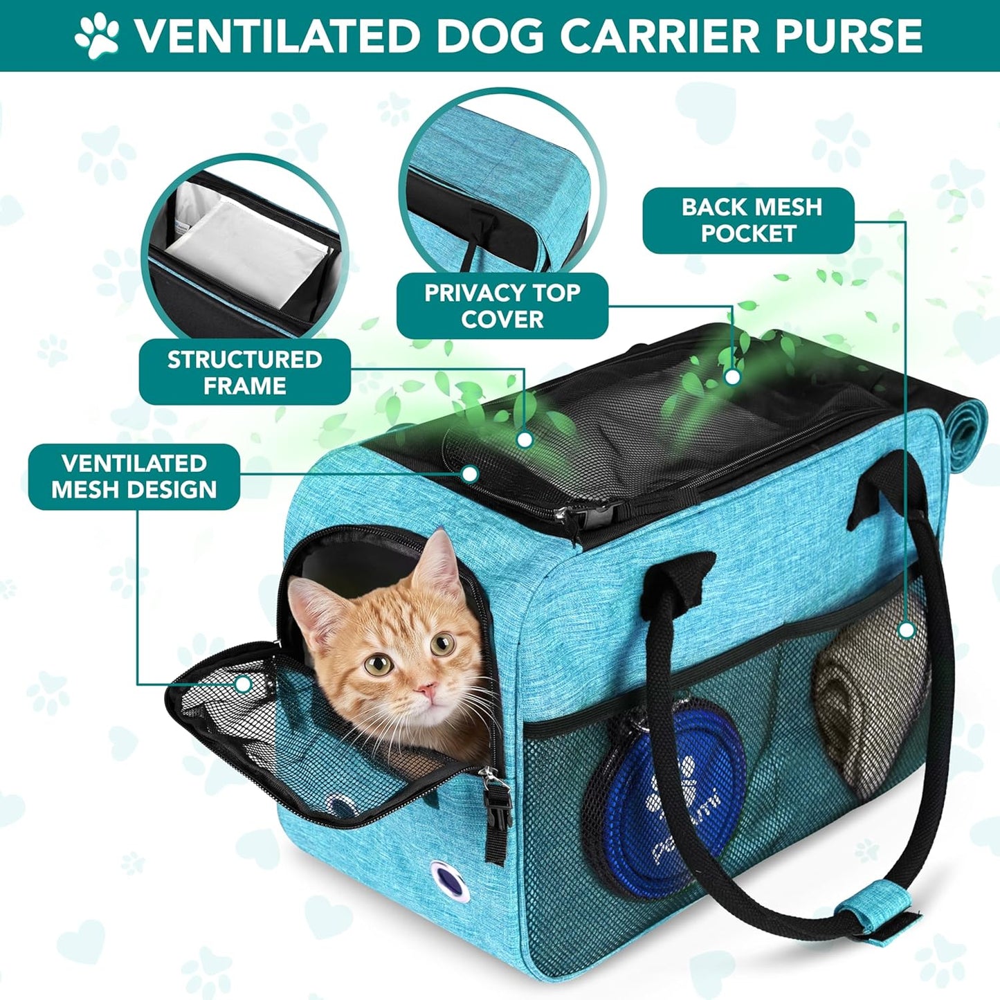 Soft-Sided Pet Carrier for Small Dogs and Cats, TSA Approved Travel Tote with Pockets, Ventilation, Bed, and Shoulder Strap, Max Weight 12 lbs, Turquoise
