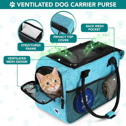 Soft-Sided Pet Carrier for Small Dogs and Cats, TSA Approved Travel Tote with Pockets, Ventilation, Bed, and Shoulder Strap, Max Weight 12 lbs, Turquoise