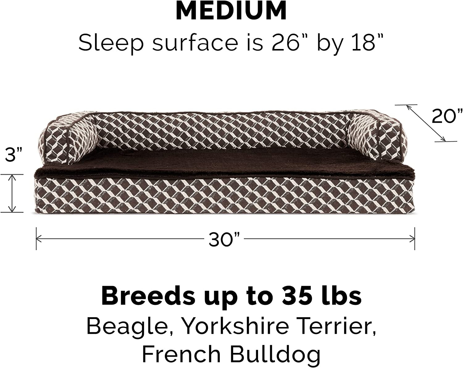 Orthopedic Dog Bed for Medium and Small Breeds with Removable Bolsters and Washable Cover, Suitable for Dogs up to 35 lbs - Plush Couch Sofa Design in Diamond Brown, Medium Size