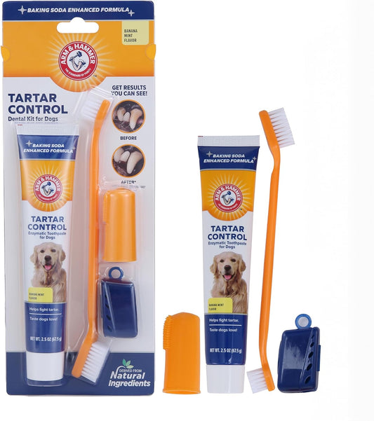 Professional Pet Dental Care Kit for Tartar Control - Banana Mint Toothpaste with Baking Soda, Double-Sided Toothbrush, and Finger Brush - 2.5 oz, 3-Piece Set