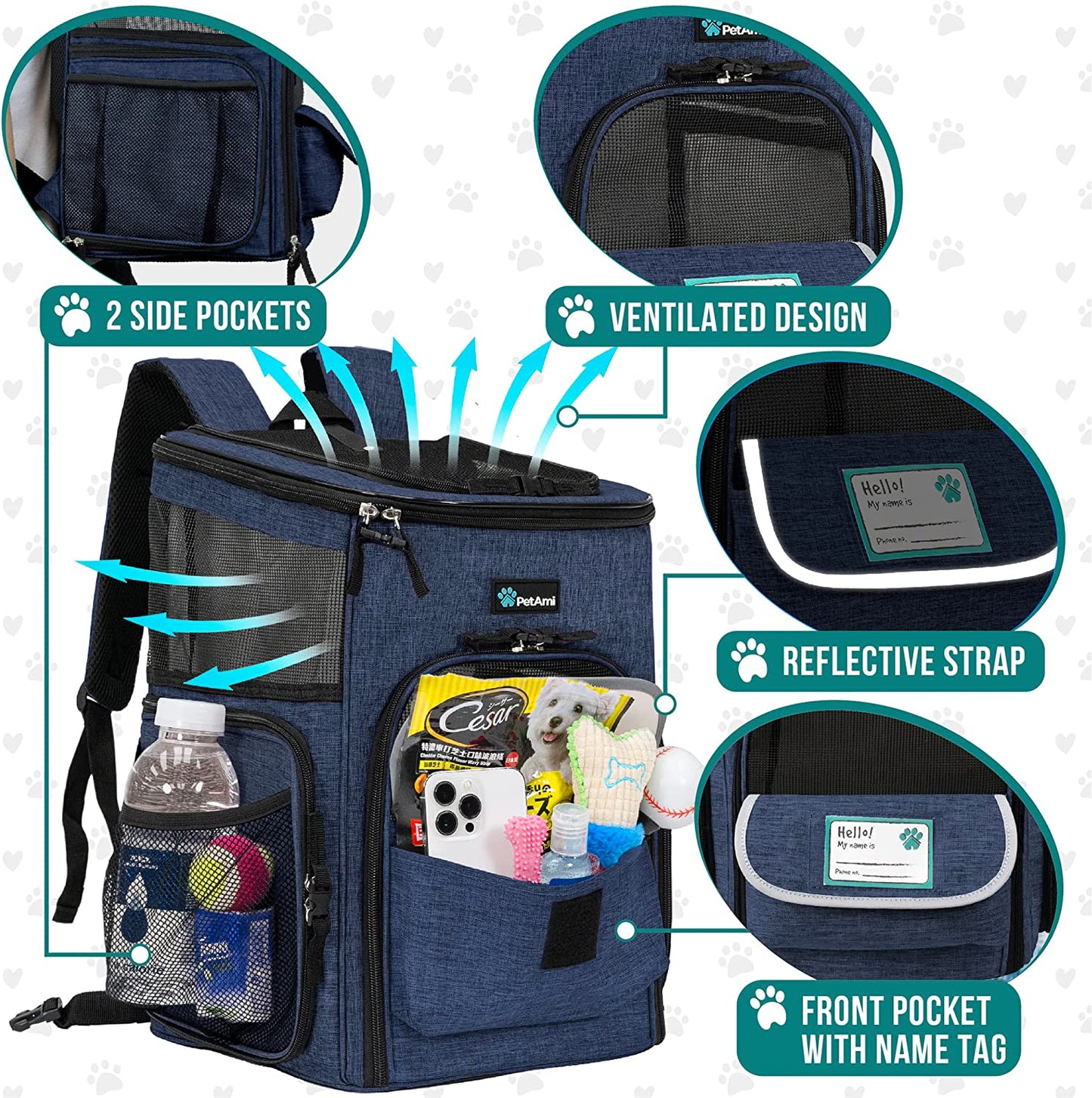 Airline-Approved Dog Backpack Carrier with 4-Way Entry, Ventilated Mesh, and Collapsible Design for Small Pets up to 18 lbs - Navy Blue