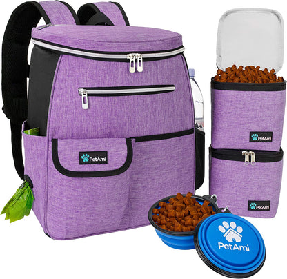 Professional Dog Travel Backpack, 27L Airline-Approved Pet Organizer with Dual Food Containers, Collapsible Bowls, and Poop Bag Dispenser - Ideal for Weekend Road Trips and Camping, Purple