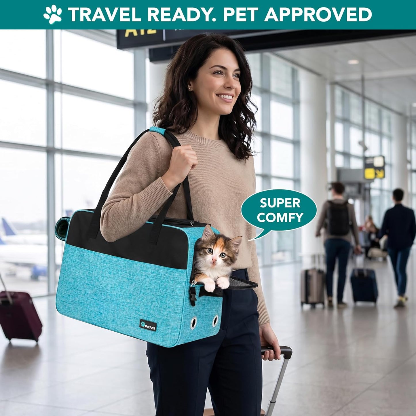 Soft-Sided Pet Carrier for Small Dogs and Cats, TSA Approved Travel Tote with Pockets, Ventilation, Bed, and Shoulder Strap, Max Weight 12 lbs, Turquoise