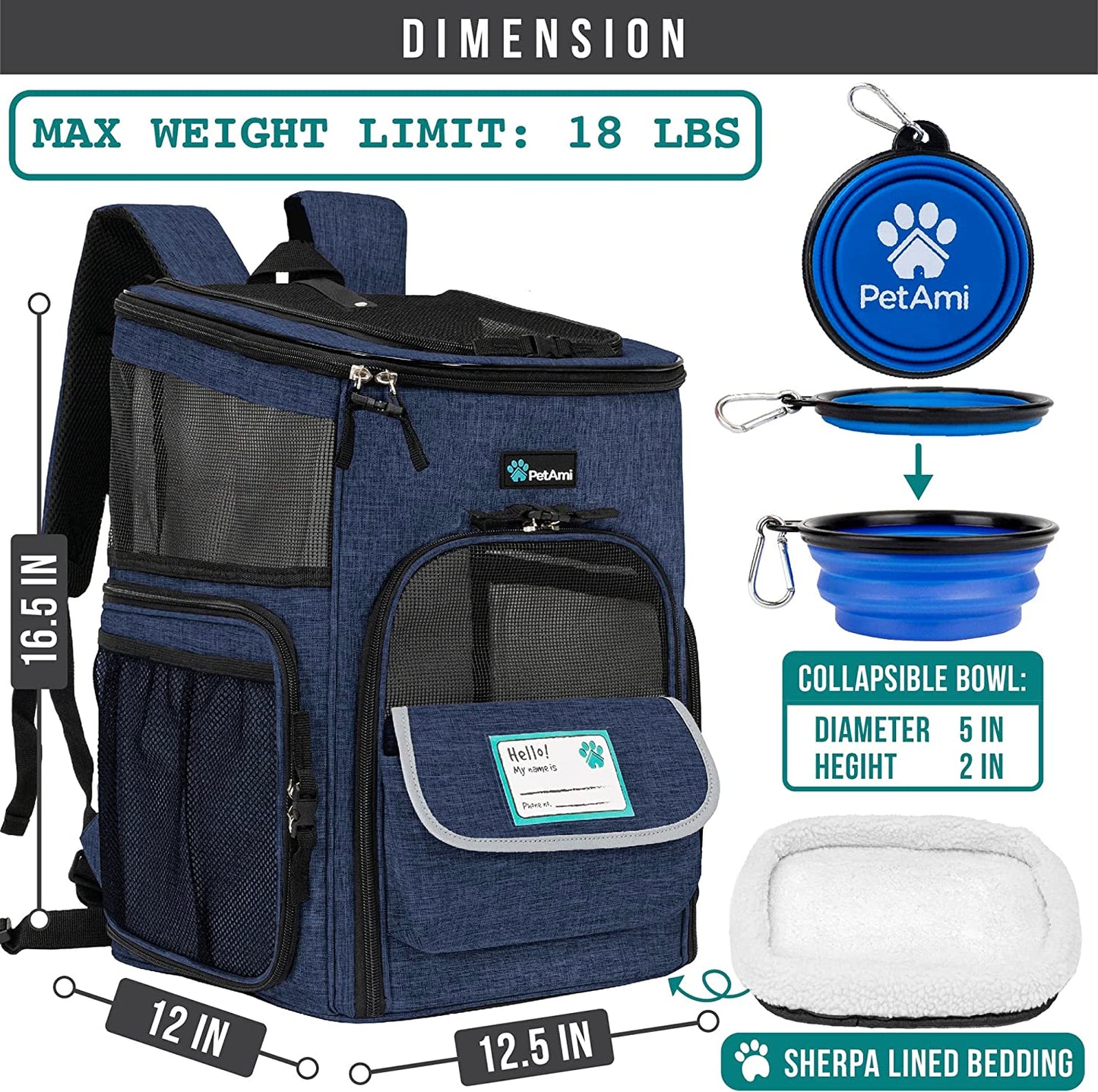 Airline-Approved Dog Backpack Carrier with 4-Way Entry, Ventilated Mesh, and Collapsible Design for Small Pets up to 18 lbs - Navy Blue