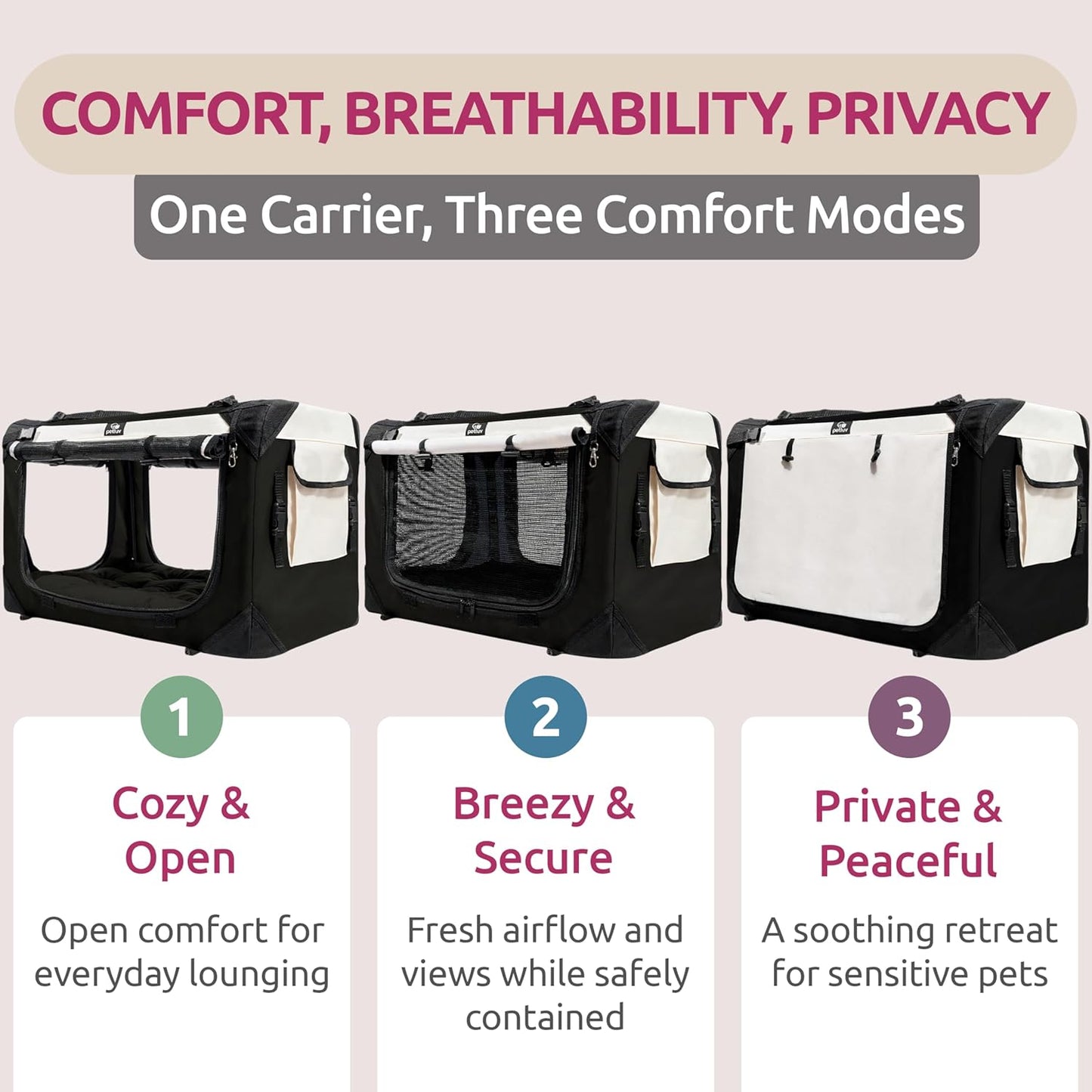 Cat & Dog Pet Carrier, Soft-Sided, Medium 20"X13"X13" Fits Most Cats or Small Dog, Comfortable for Travel & Vet Visits, Privacy Windows, Removable Plush Bed, Locking Zippers, Folds Flat