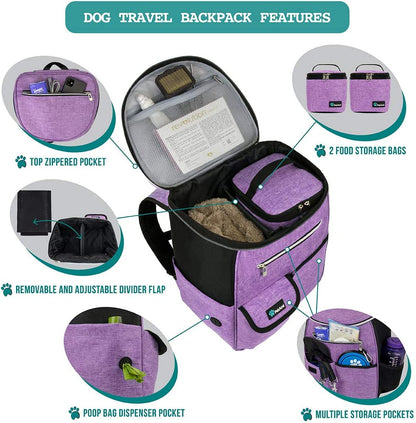 Professional Dog Travel Backpack, 27L Airline-Approved Pet Organizer with Dual Food Containers, Collapsible Bowls, and Poop Bag Dispenser - Ideal for Weekend Road Trips and Camping, Purple