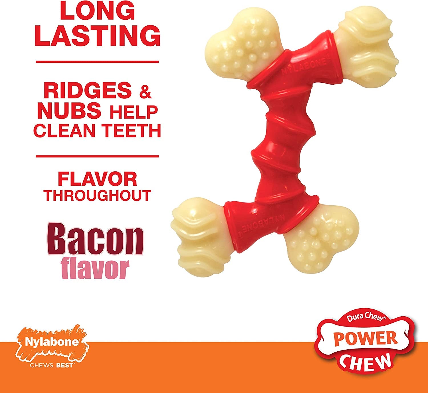 X-Large Double Bone Power Chew Toy for Aggressive Chewers, Bacon Flavor, Suitable for Dogs Over 50 lbs, Single Count