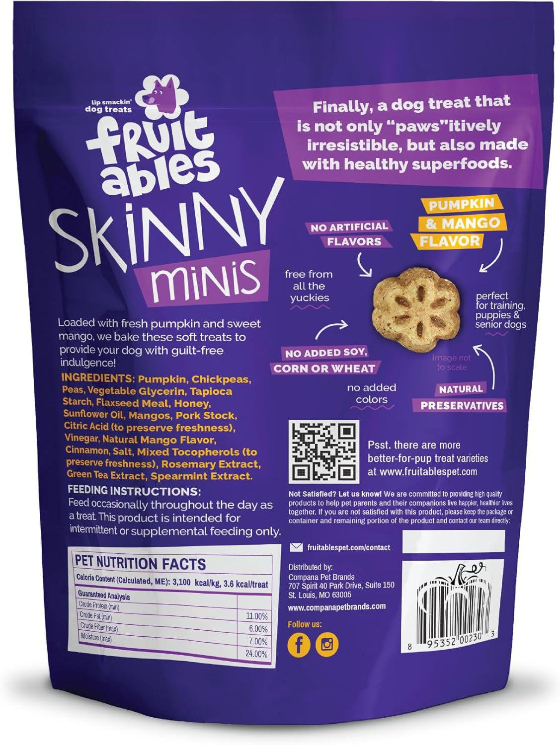 Skinny Minis Healthy Pumpkin Dog Treats - Low Calorie, Wheat-Free, Corn-Free, Soy-Free, Made in the USA, Pumpkin and Mango Flavor, 5 Oz